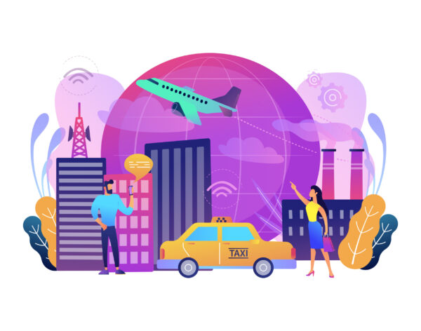 People with smartphones around modern facilities connected to global web network with wi-fi signs. Internet of things, IoT infrastructure and smart city concept. Vector illustration on background.