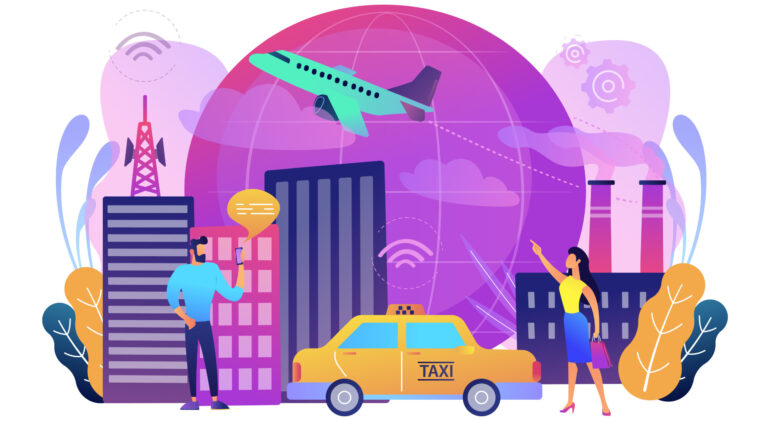 People with smartphones around modern facilities connected to global web network with wi-fi signs. Internet of things, IoT infrastructure and smart city concept. Vector illustration on background.