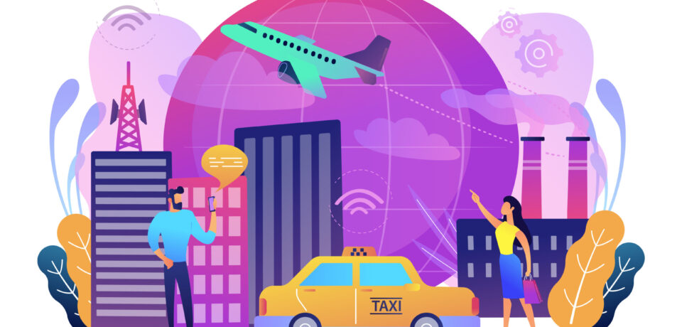 People with smartphones around modern facilities connected to global web network with wi-fi signs. Internet of things, IoT infrastructure and smart city concept. Vector illustration on background.